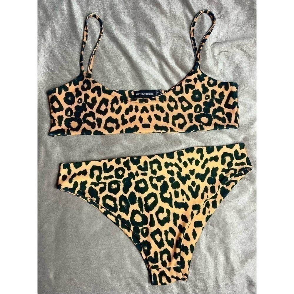 Pretty Little Thing Leopard Cheetah Print Stretch Bikini Set 2 Piece Sz 12 Large - Picture 3 of 8